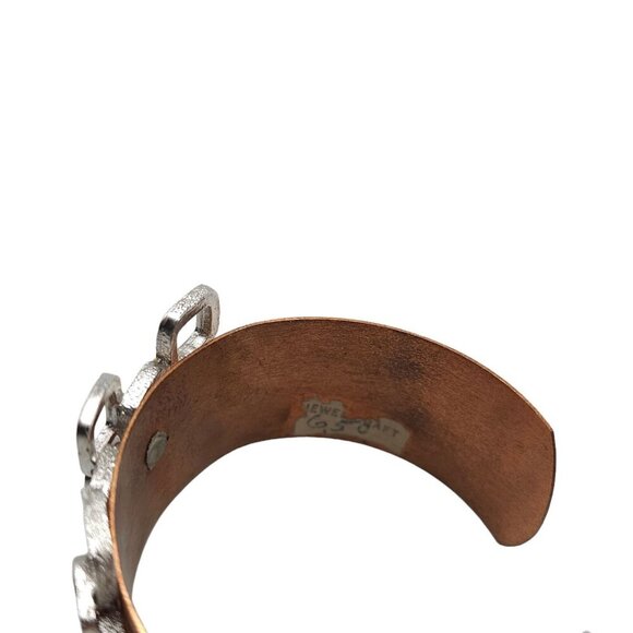 Copper Silver Tone Geometric Detail Wide Cuff Bangle Bracelet Vintage - Picture 4 of 7